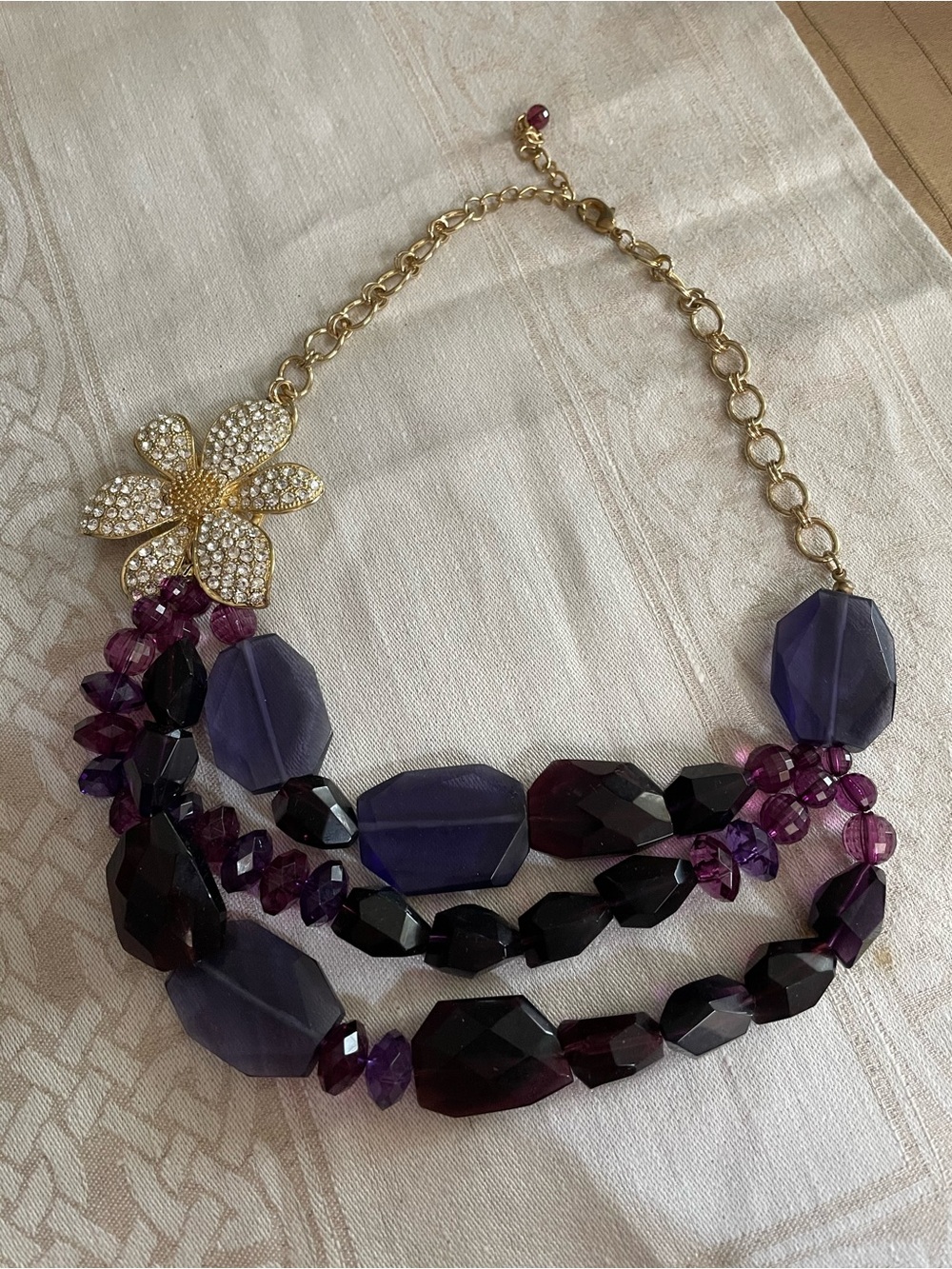 Gold Flower & Purple Multi-Strand Statement Necklace